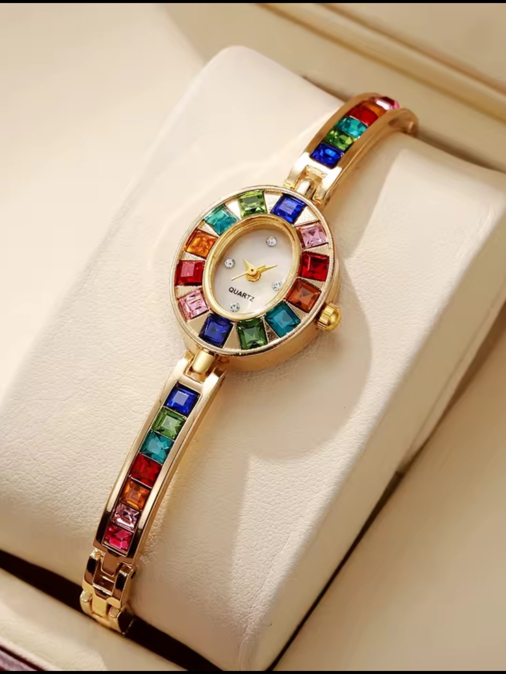 Gold-Tone Bracelet Watch with Multicolor Gemstones